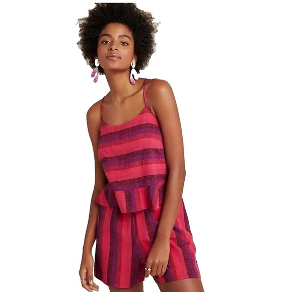 Anthropologie Amadi Melia Striped Linen Shorts Romper Jumper - Picture 2 of 14